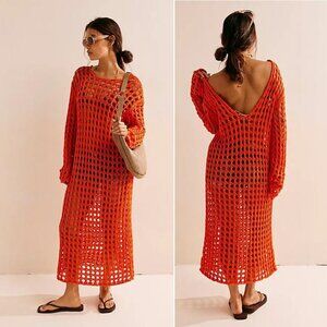 FREE PEOPLE Beach Sahara Sweater Midi Cover up DRESS M L Orange Scarlet Ibis NEW